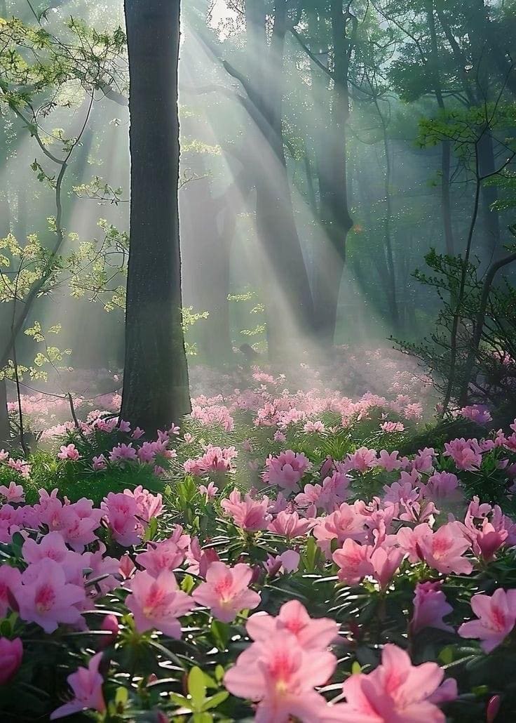 A forest filled with pink flowers and trees.