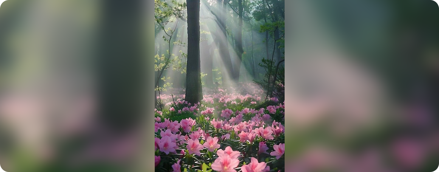 A forest filled with pink flowers and trees.