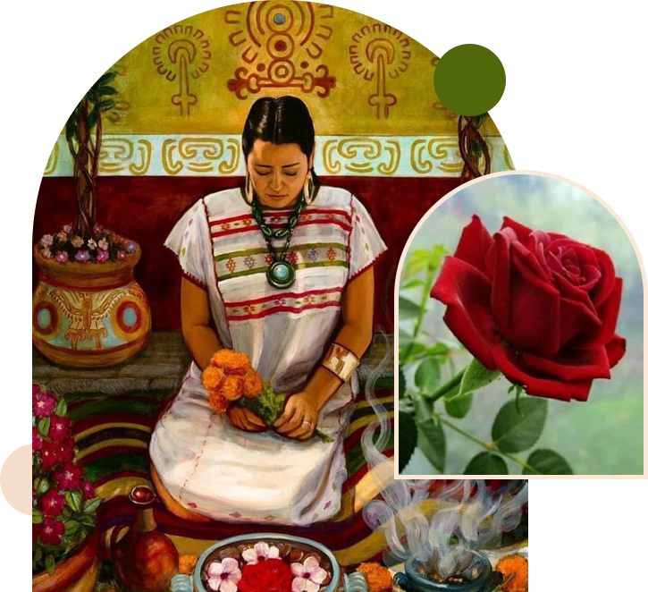 A woman in traditional mexican dress holding flowers.